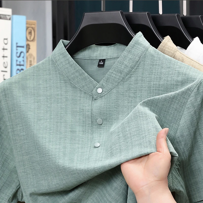 Home And Textiles - Kemeja Pria Kerah Tegak Setengah Kancing